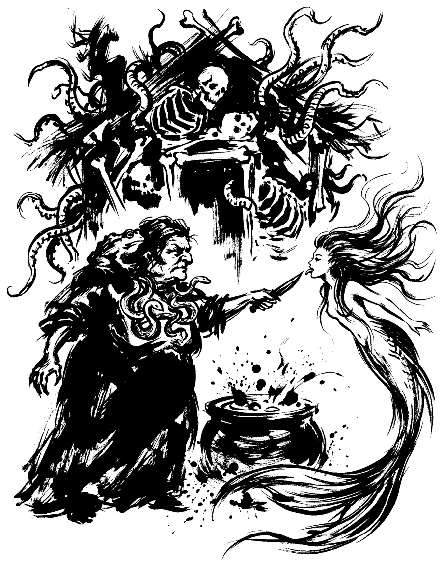 Ink drawing: the sea witch and the little mermaid