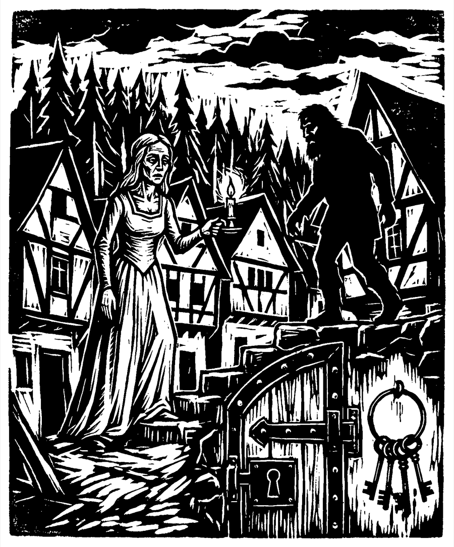 Woodcut plate: Bluebeard, the forbidden door